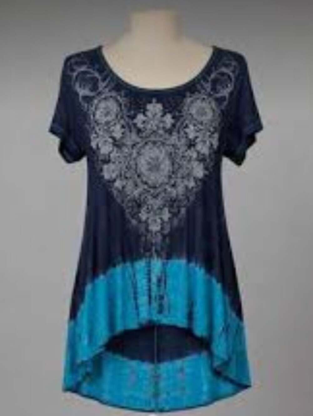 Vocal Y2K Blue/Black Floral Tunic Dress Hi lo Hem SS Scoop Neck Size M NWT